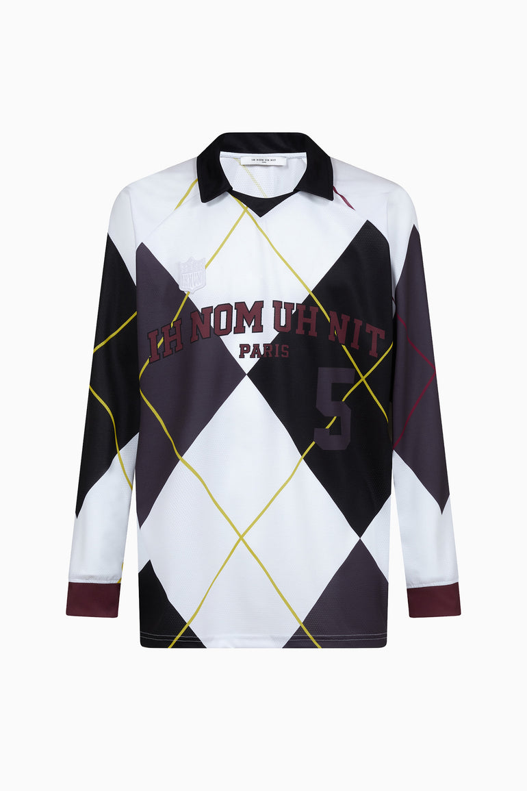 IH NOM UH NIT long sleeve technical rugby jersey with argyle-inspired print, Mask artwork, and collegiate logo graphics
